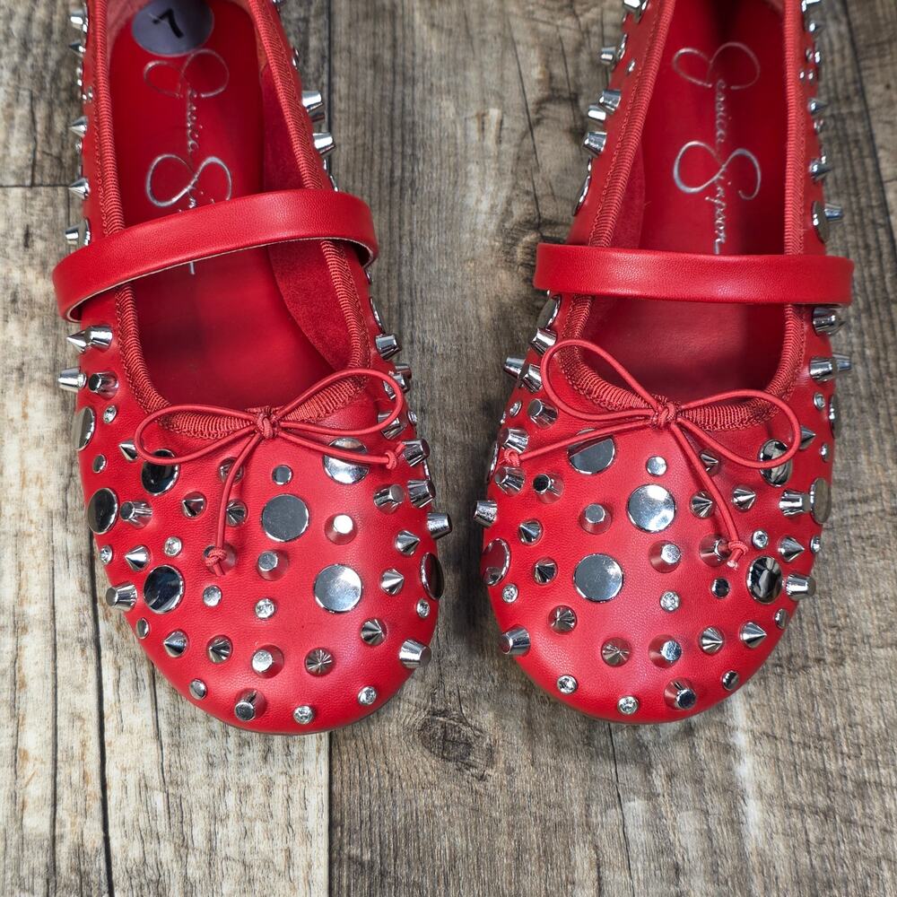 Jessica Simpson Red Studded Mary Jane Flats Size 7 Indie Sleaze - Picture 4 of 8